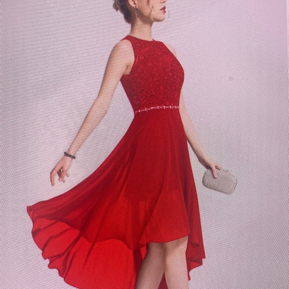 JJ’s House formal dress in red with lace and diamonds empire waist band. - Picture 3 of 3